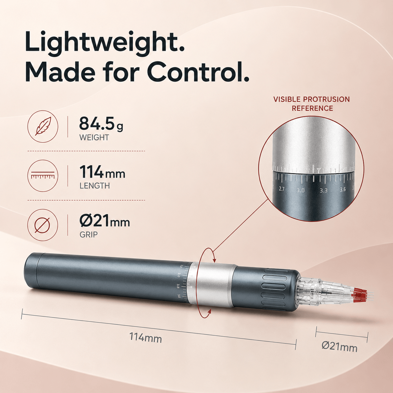 YDPMU Blush Pro lightweight PMU pen weighing 84.5 g with 114 mm length and 21 mm grip