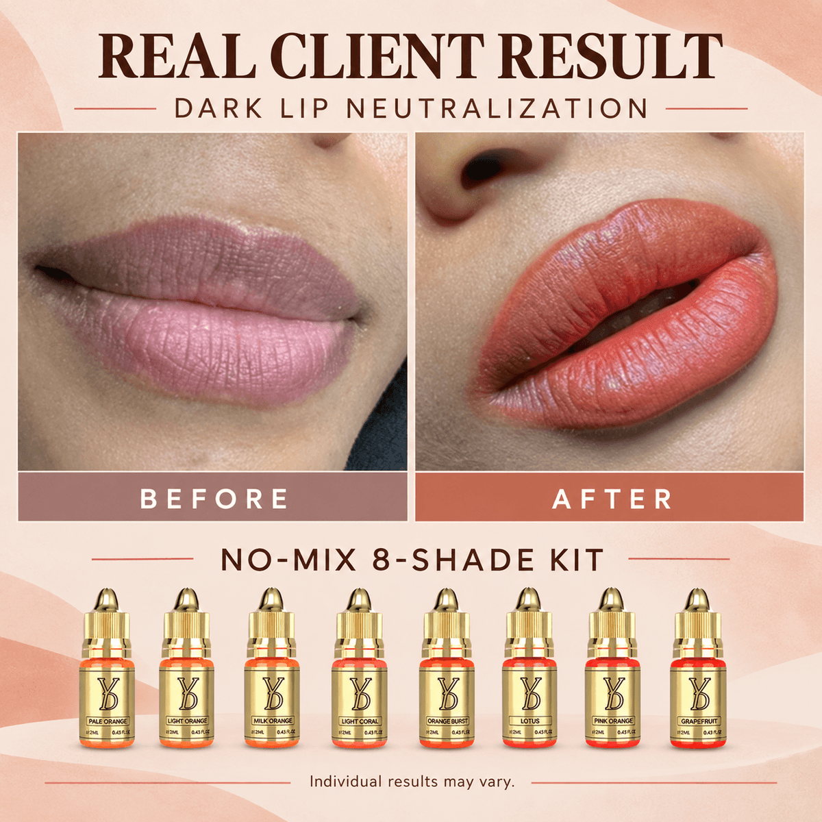 Before and after dark lip neutralization result with YDPMU NEO Organic no-mix 8-shade kit