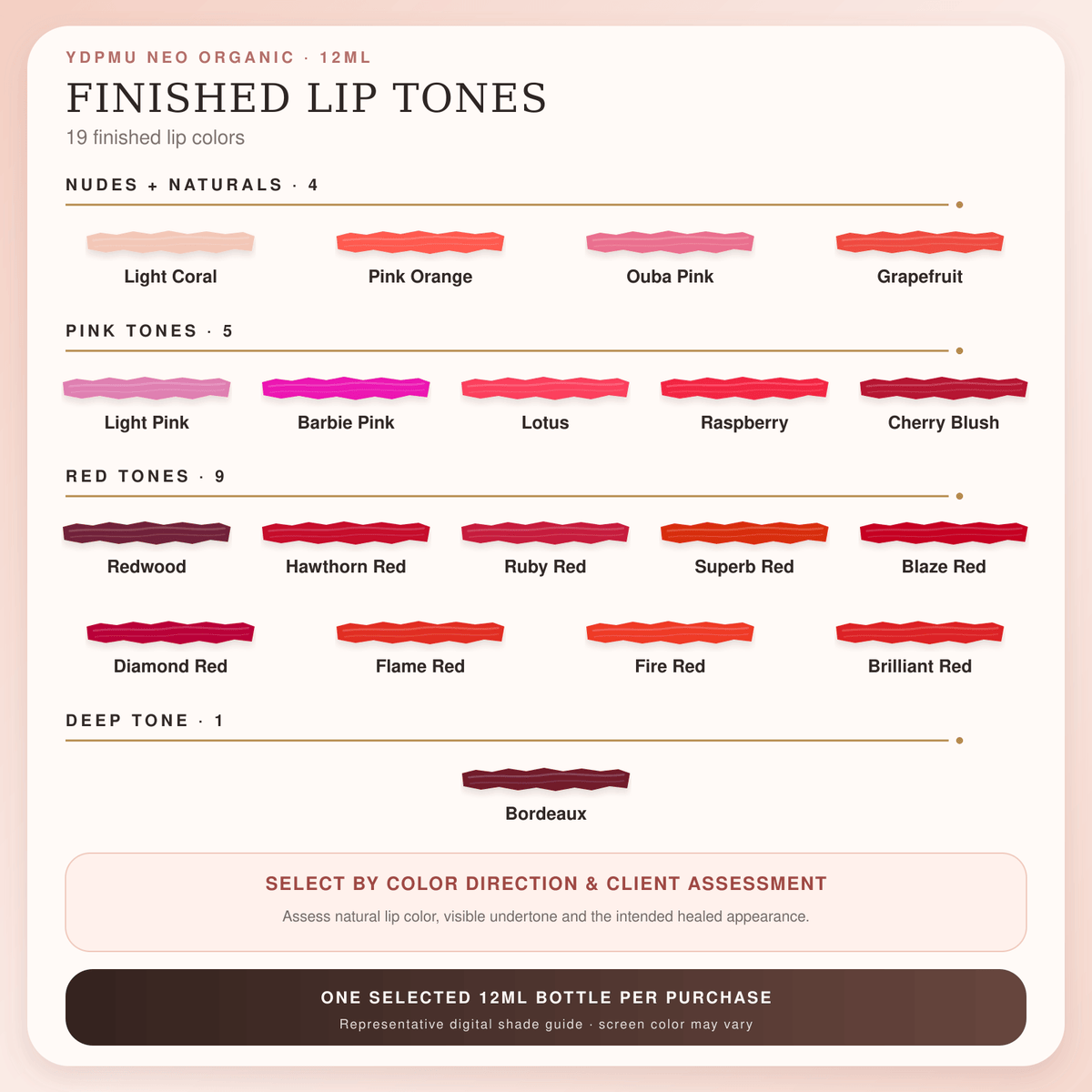 YDPMU NEO Organic 19 finished lip pigment colors grouped into nude, pink, red and deep tones