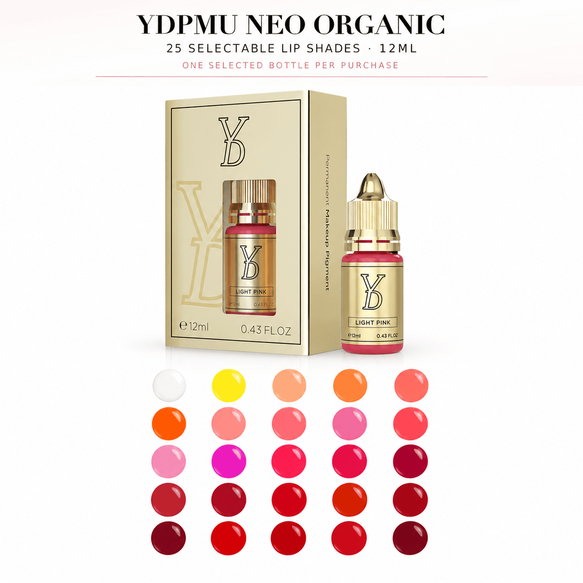 YDPMU NEO Organic lip pigments with 25 selectable shades, Light Pink 12ml bottle and color-family swatches