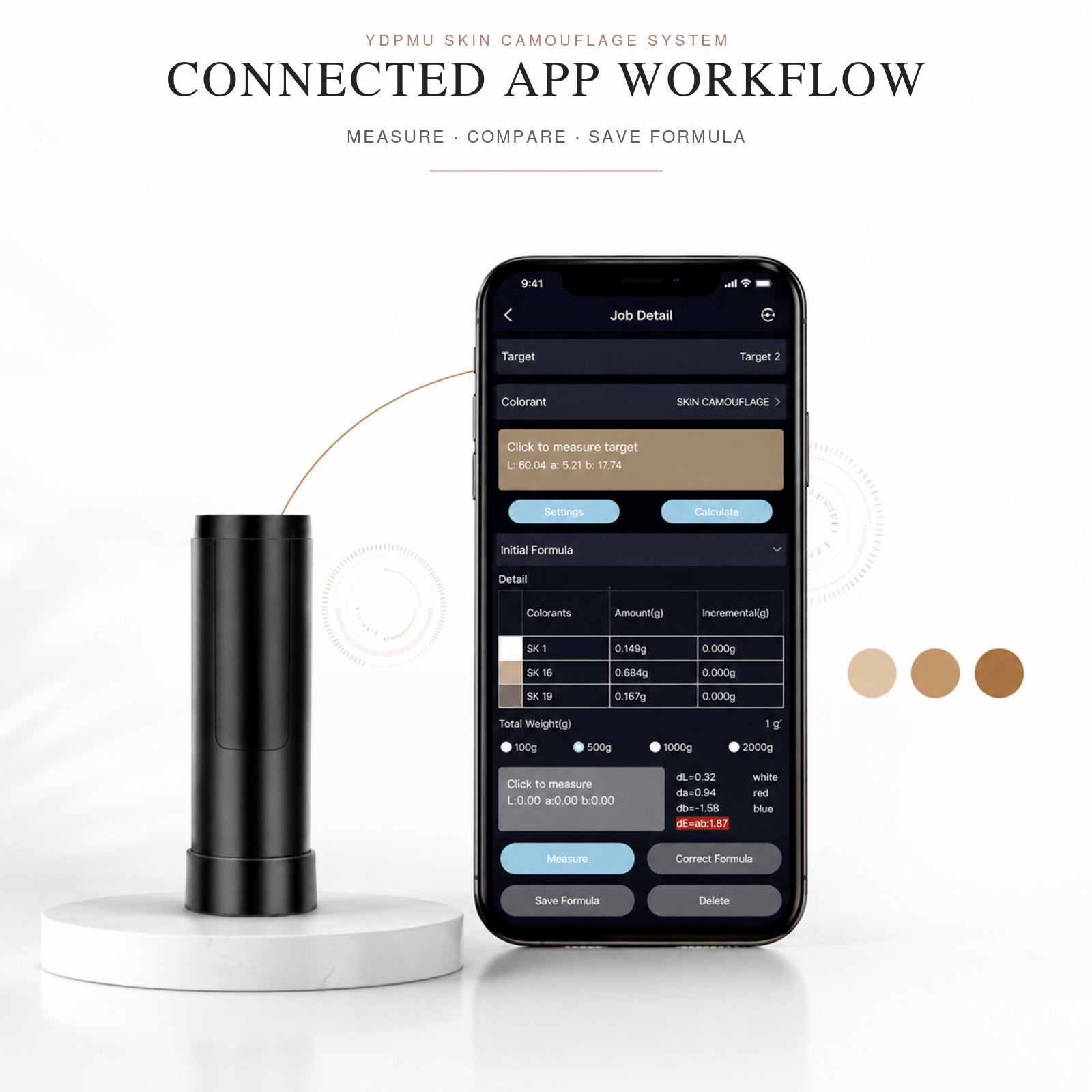YDPMU Skin Reader connected app workflow for shade analysis and formula records