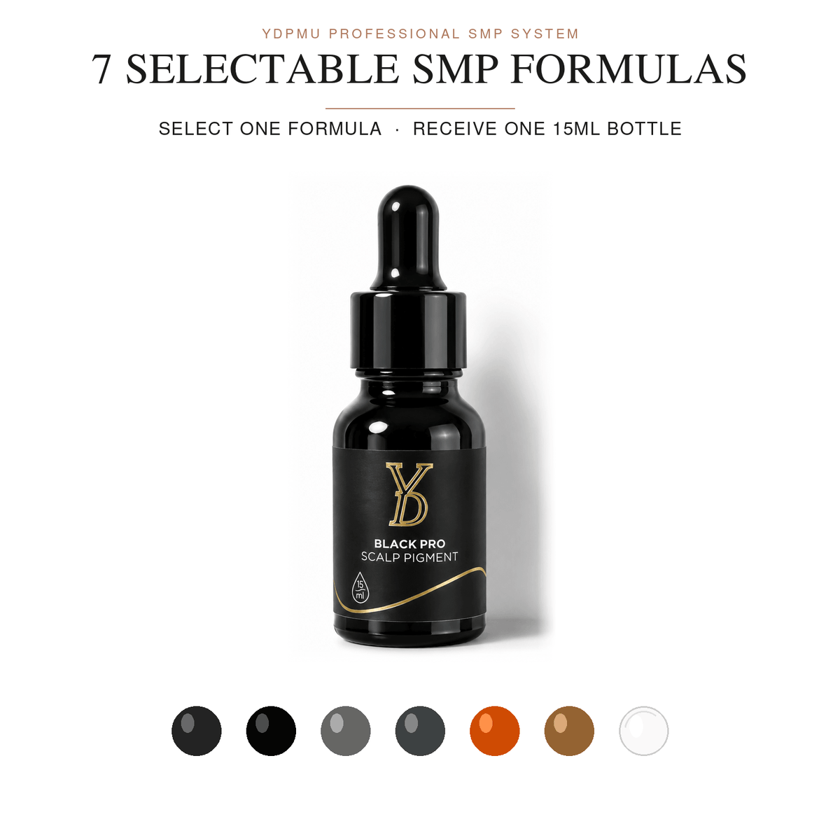 Seven selectable YDPMU professional SMP pigment formulas displayed on premium ivory stone plinths.
