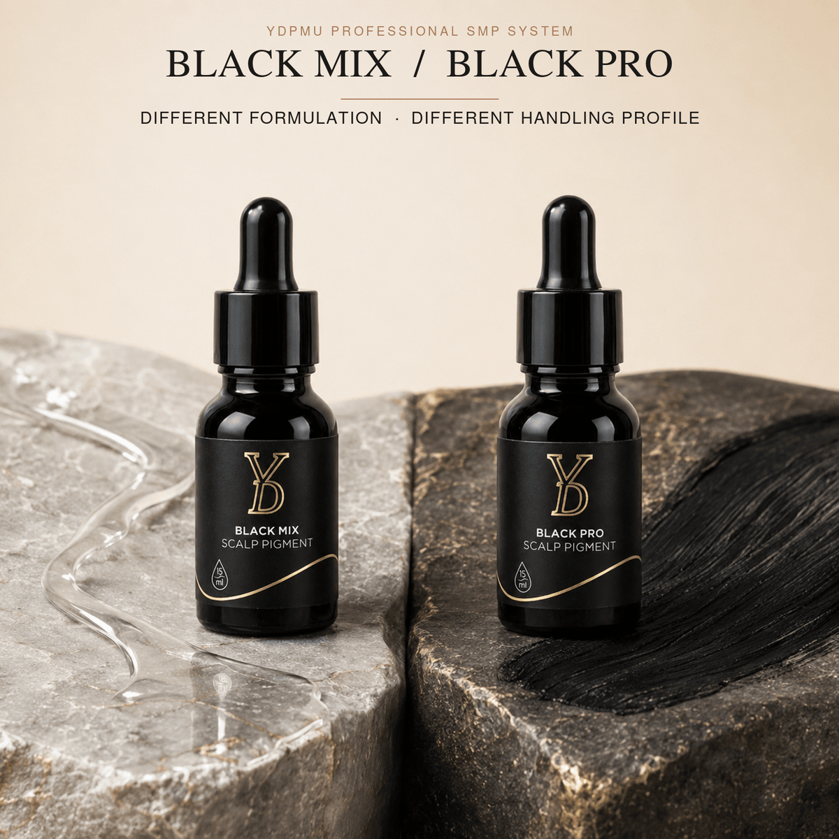 YDPMU Black Mix and Black Pro SMP pigments shown with contrasting formulation textures.